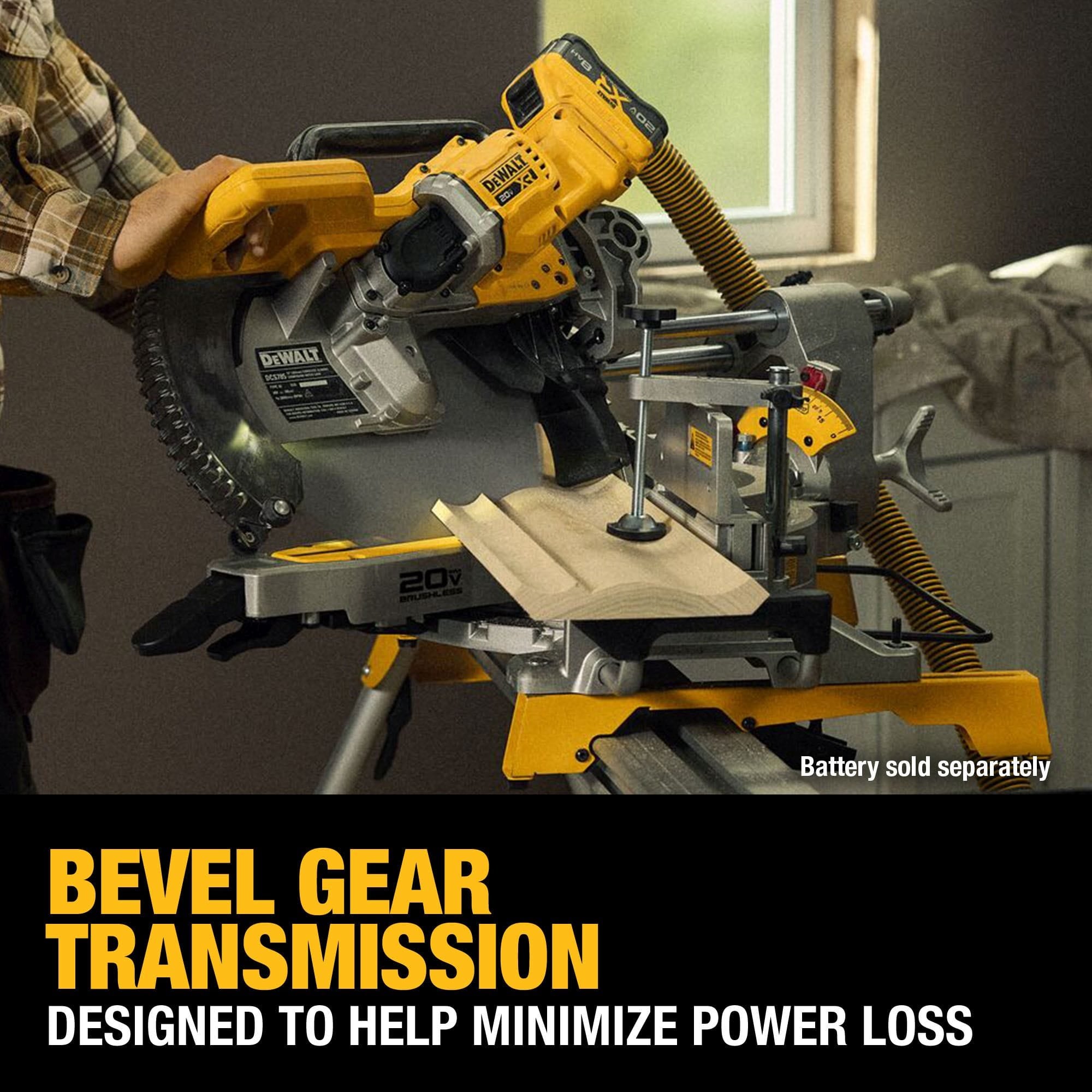 Industrial graphic of the DEWALT DCS785B bevel gear transmission, engineered to minimize power loss and maximize cordless runtime during heavy-duty cutting applications.