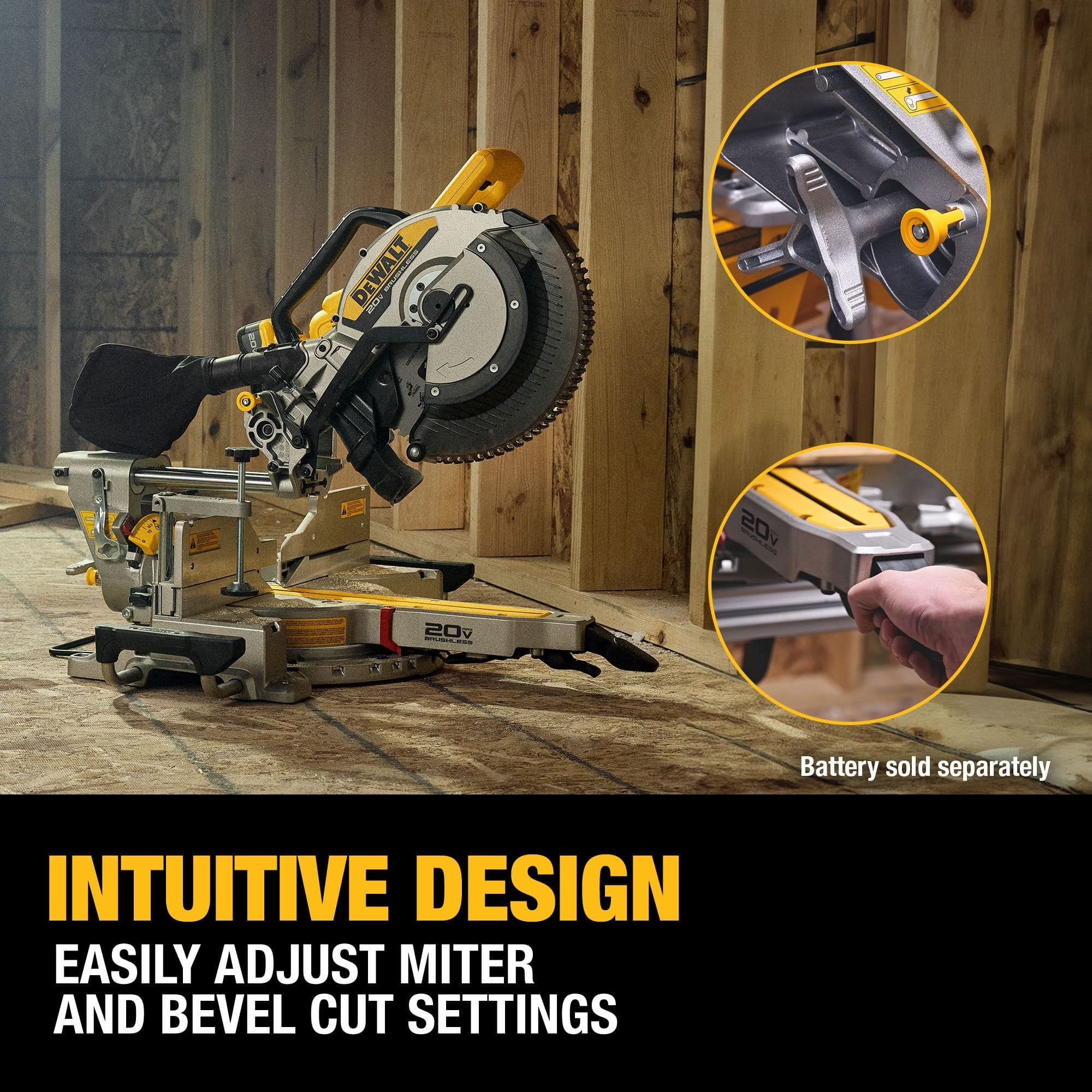 Promotional image emphasizing the intuitive design of the DEWALT 12-inch miter saw, with callouts showing the easy-to-use miter lock and bevel adjustment touchpoints for professional trades.