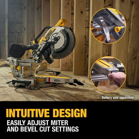 Promotional image emphasizing the intuitive design of the DEWALT 12-inch miter saw, with callouts showing the easy-to-use miter lock and bevel adjustment touchpoints for professional trades.