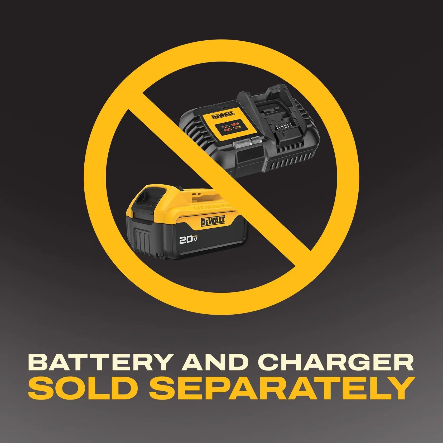 Informational graphic for the DEWALT DCS785B miter saw with a strike-through icon over a battery and charger, indicating this is a bare tool and power accessories are sold separately.