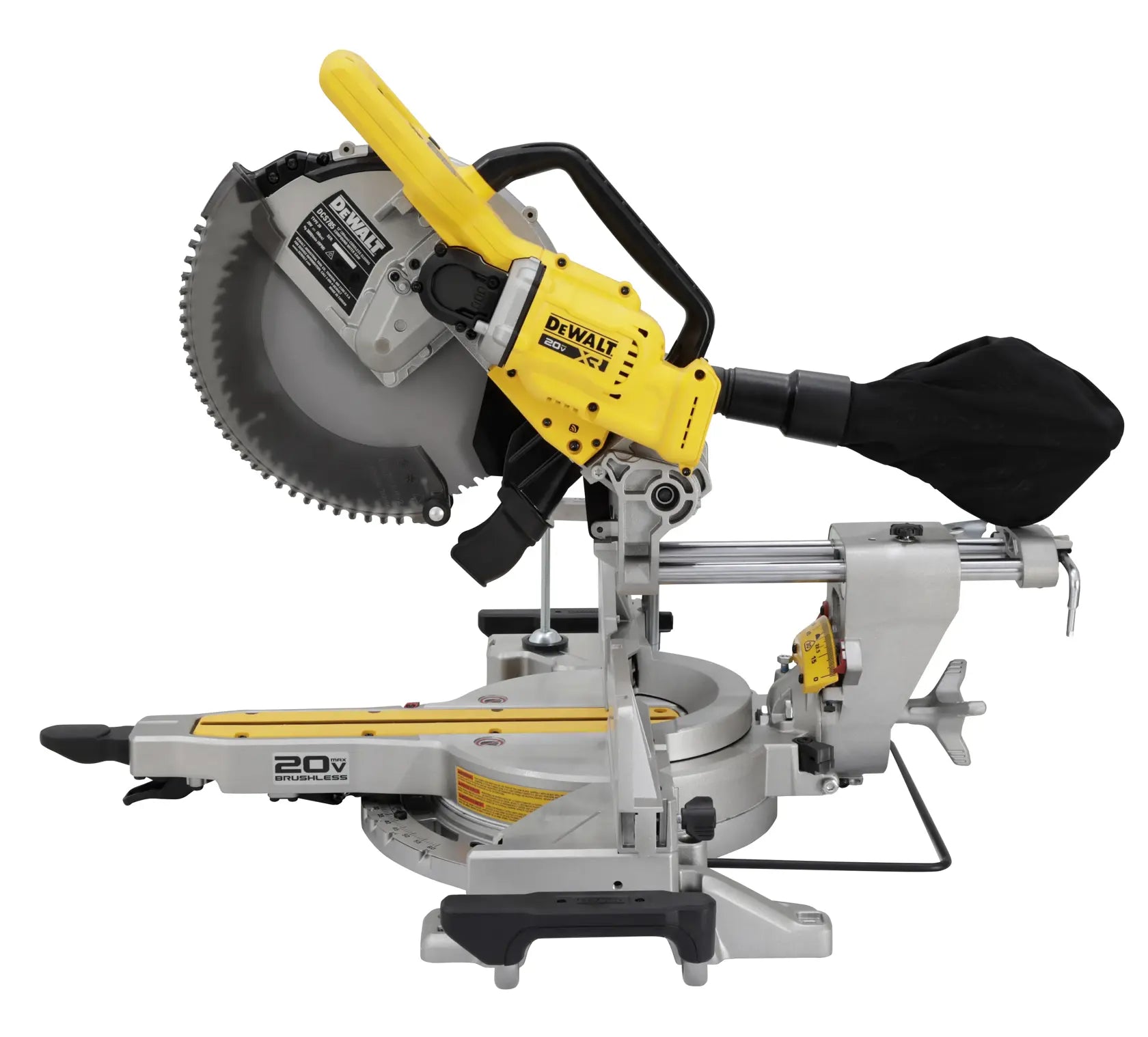 Left side profile of the DEWALT sliding compound miter saw highlighting the brushless motor housing, dust collection bag, and ergonomic bevel adjustment controls for precision woodworking.