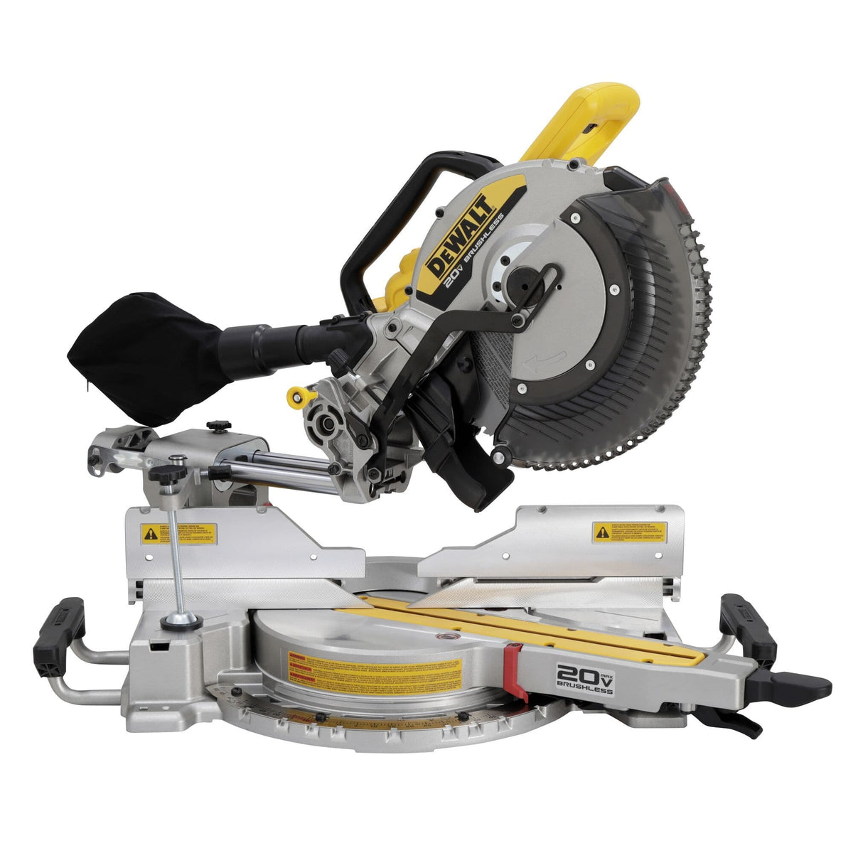 Angled front view of the DEWALT DCS785B miter saw emphasizing the rugged aluminum base and the Cutline blade positioning system for accurate, adjustment-free layout lines.
