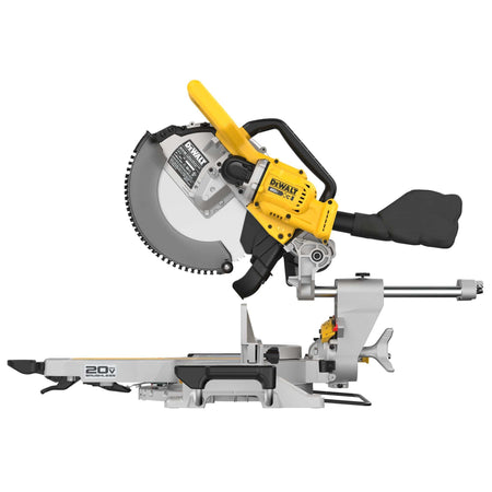 Right side profile of the cordless 12 inch miter saw showcasing the sliding rail locks, material clamp, and the compact design engineered for easy jobsite portability.