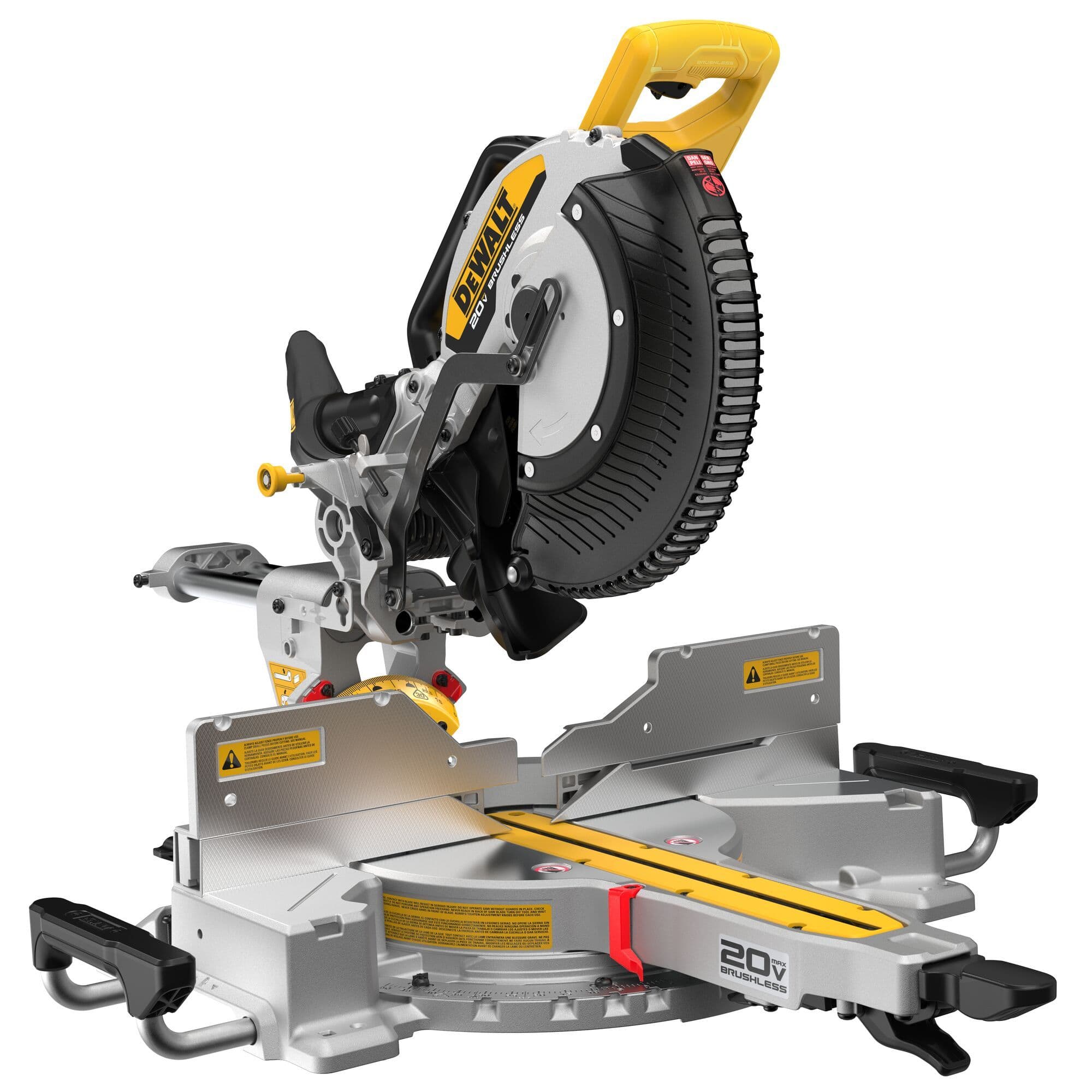 Close-up angled view of the DEWALT brushless miter saw highlighting the 12 inch carbide-tipped blade and the heavy-duty miter locking handle for secure angle settings.