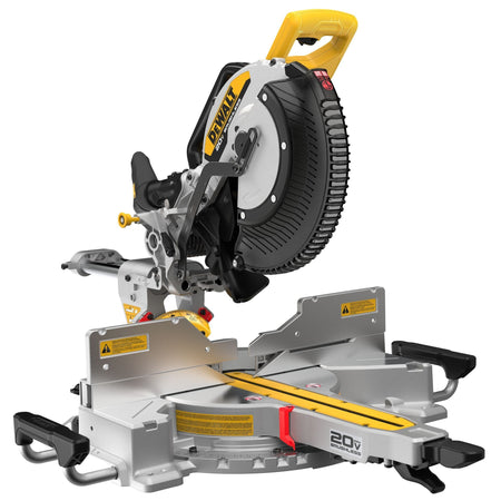 Close-up angled view of the DEWALT brushless miter saw highlighting the 12 inch carbide-tipped blade and the heavy-duty miter locking handle for secure angle settings.