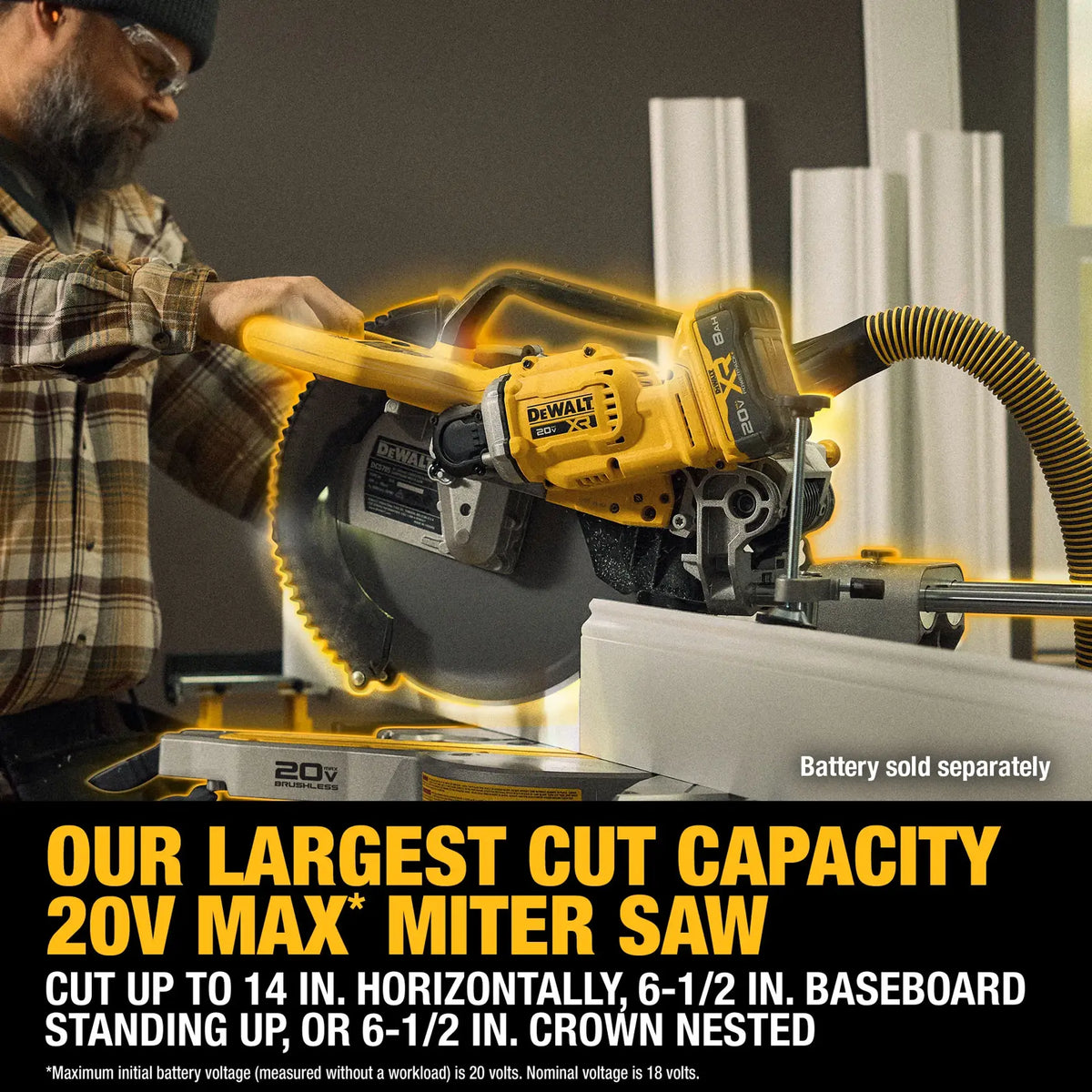 A professional carpenter using the DEWALT 20V MAX XR miter saw to cut white trim, highlighting the massive cut capacity for 6-1/2 inch baseboard and nested crown molding.