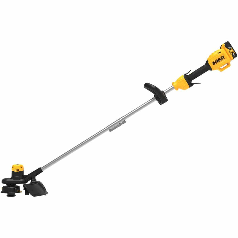 Full side view of the DEWALT DCST925 20V MAX cordless string trimmer featuring a 13 inch cutting swath gear drive transmission and ergonomic yellow and black handle.
