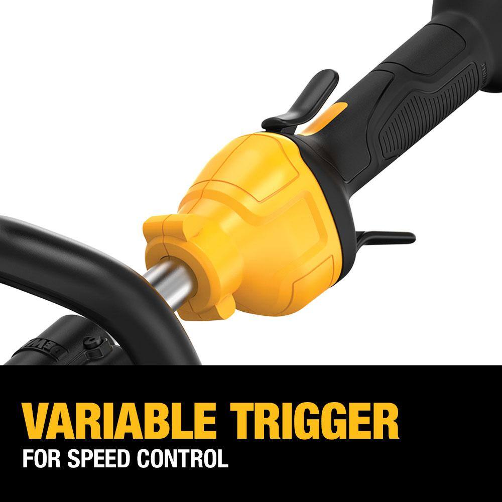 Close up view of the DEWALT string trimmer variable speed trigger and ergonomic grip designed for professional speed control and user comfort during extended use.