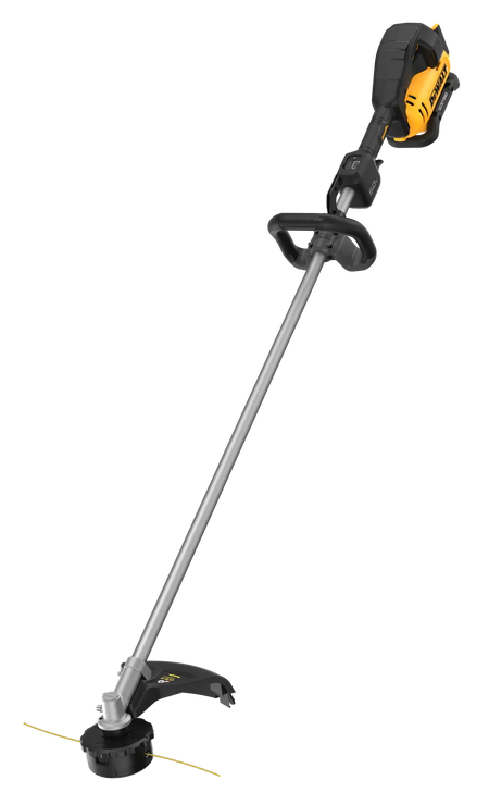 Angled front view of the DEWALT DCST980B 60V MAX brushless cordless 17.5-inch string trimmer bare tool, highlighting the wide bike handle designed for commercial landscaping comfort.