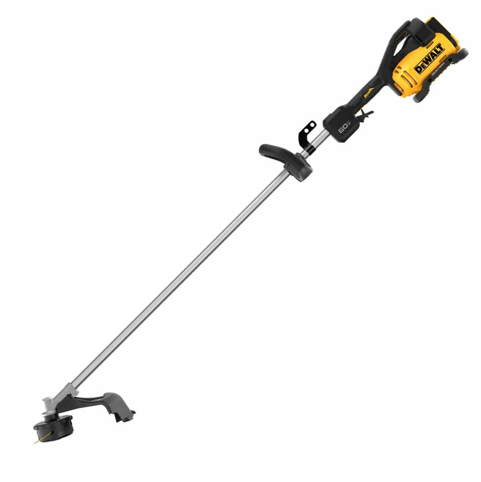 Side profile of the DEWALT 60V MAX heavy-duty cordless weed eater, showcasing the straight aluminum shaft, brushless motor housing, and adjustable D-ring style grip.