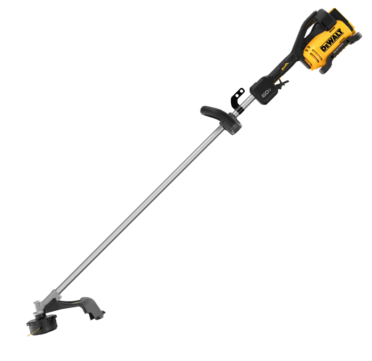Side profile of the DEWALT 60V MAX heavy-duty cordless weed eater, showcasing the straight aluminum shaft, brushless motor housing, and adjustable D-ring style grip.