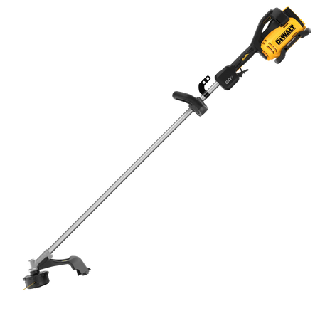Side profile of the DEWALT 60V MAX heavy-duty cordless weed eater, showcasing the straight aluminum shaft, brushless motor housing, and adjustable D-ring style grip.