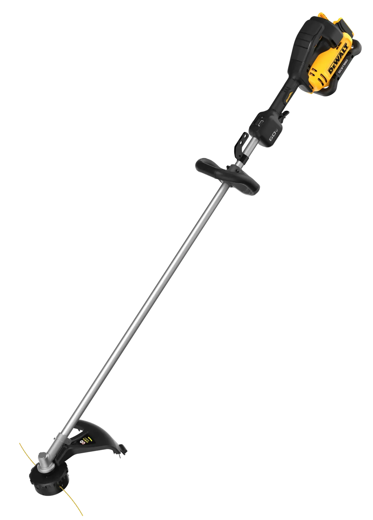 Upright angled view of the DEWALT DCST980B brushless cordless string trimmer, displaying the robust 17.5-inch cutting swath capacity and protective debris guard.