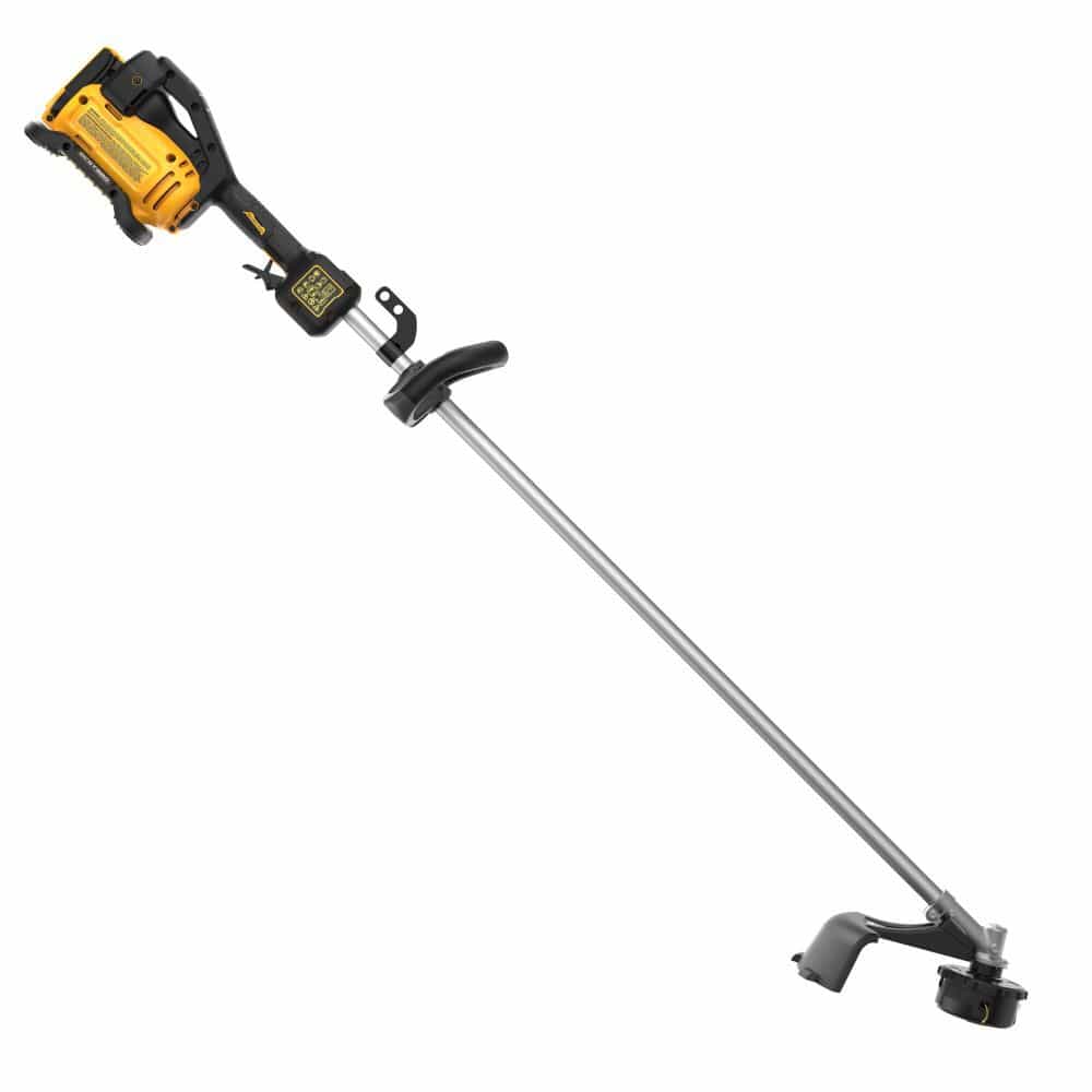 Top-down angled view of the DEWALT commercial landscaping weed eater bare tool, focusing on the ergonomic trigger controls and balanced straight-shaft design.
