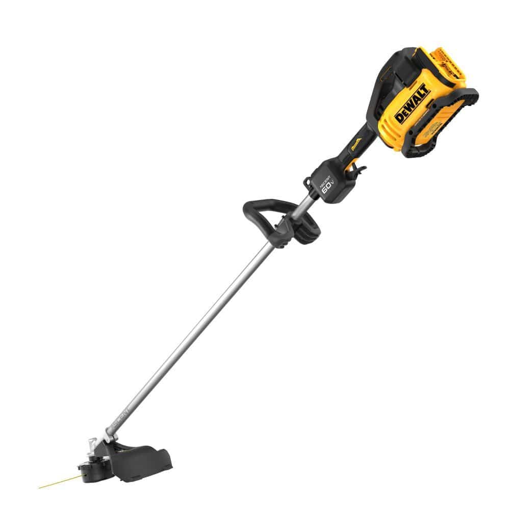 Reverse angled view of the DEWALT DCST980B 60V MAX string trimmer bare tool, showing the rear battery mounting port and the high-efficiency brushless motor head.