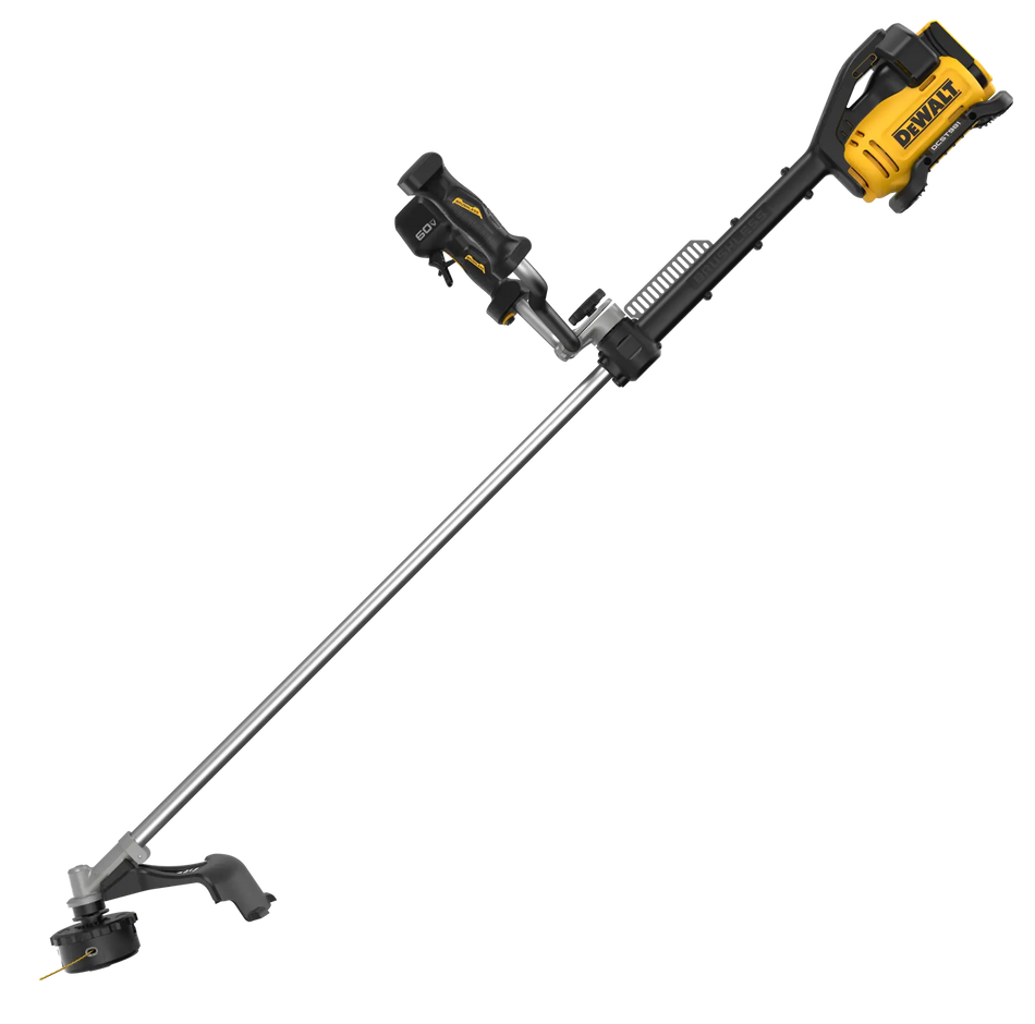 A three-quarter view of the DEWALT DCST981B 60V MAX cordless string trimmer showcasing the bike handle, integrated debris guard, and the dual-string trimmer head for heavy-duty landscaping.
