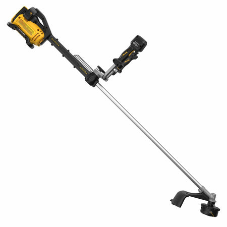 Side profile of the DEWALT 60V MAX string trimmer highlighting the long shaft, motor housing near the handle, and the bike handle design for improved ergonomic control during clearing operations.