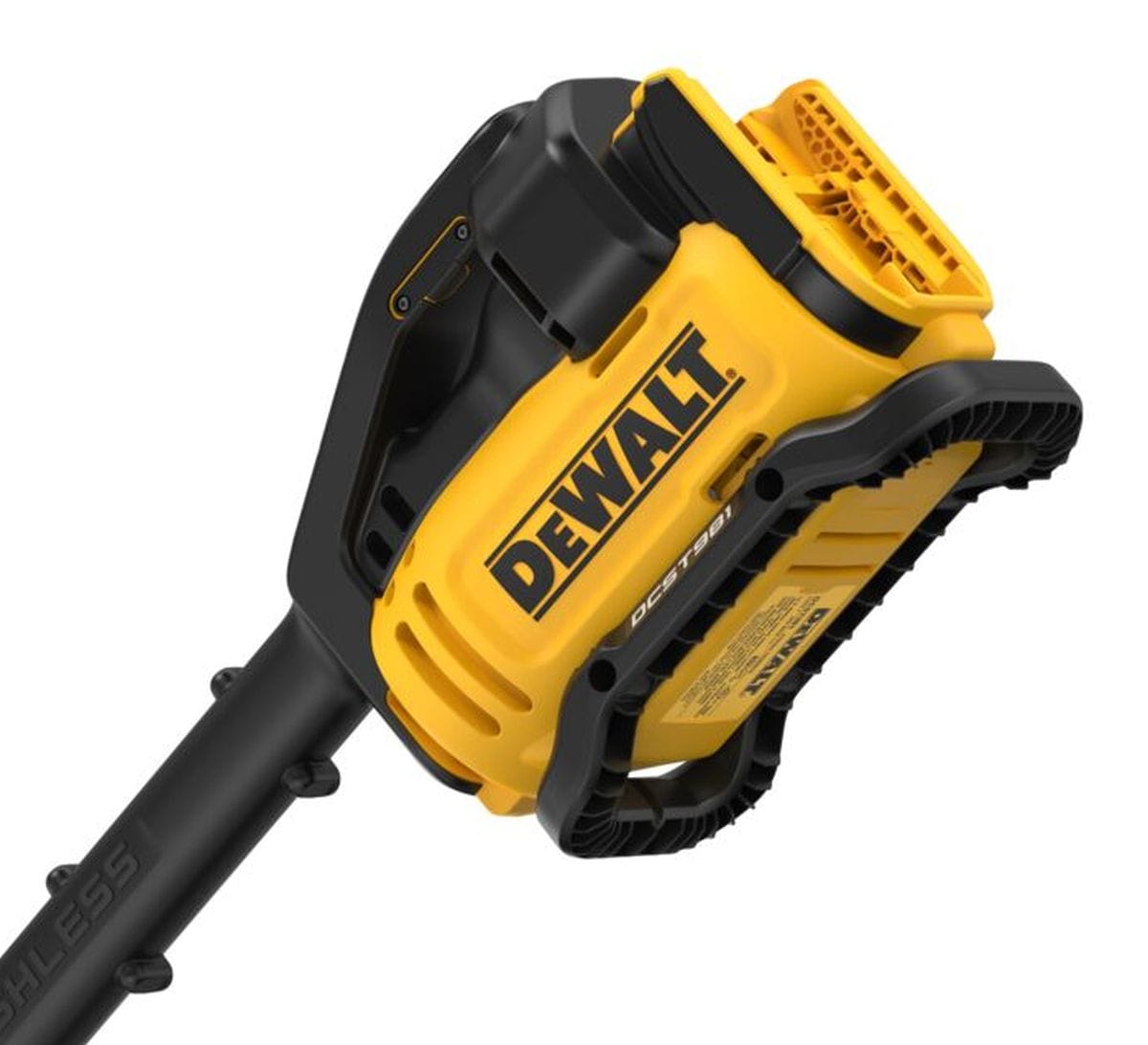 Close-up view of the rear-mounted brushless motor housing on the DEWALT 60V MAX string trimmer, showcasing the high-visibility yellow and black industrial branding and battery port.