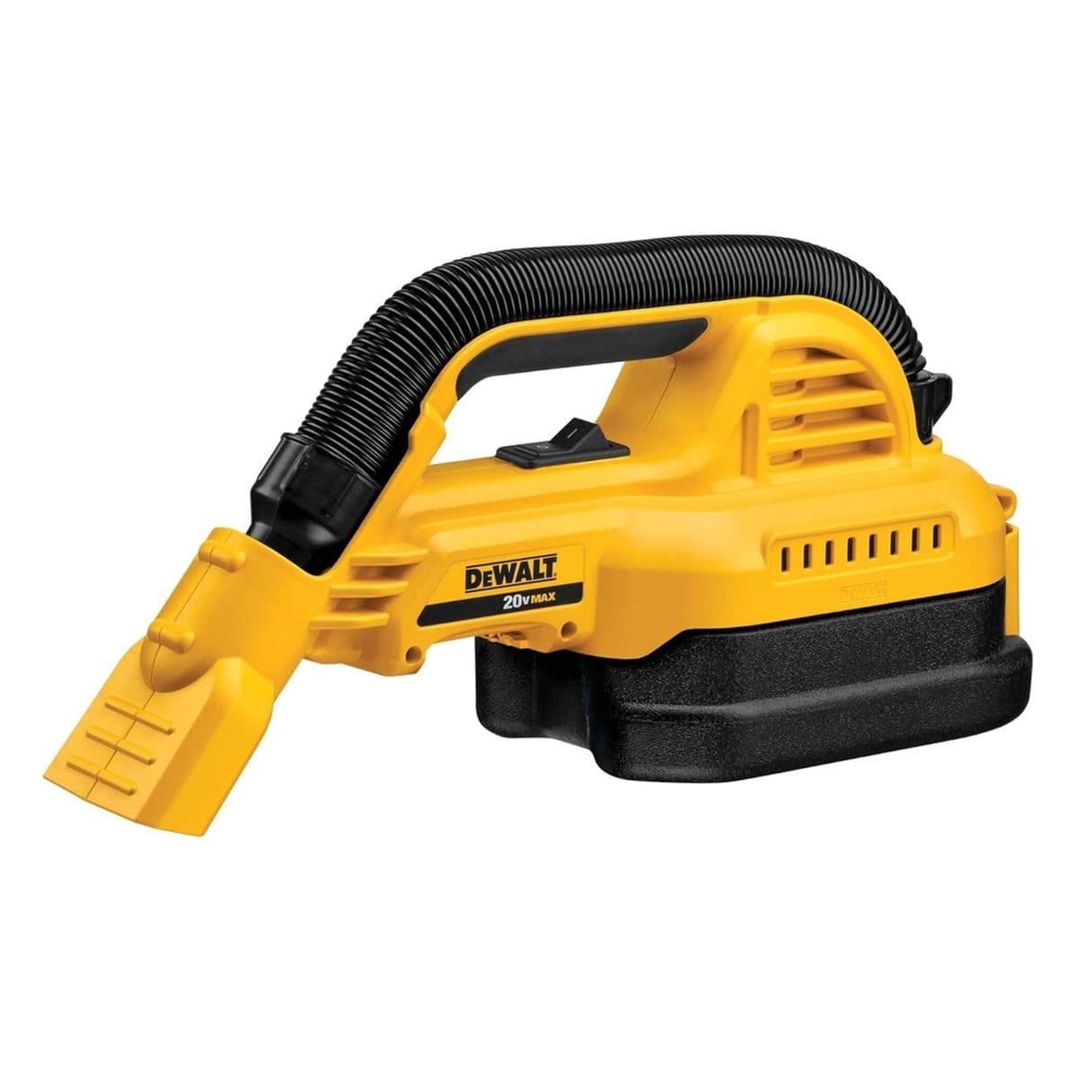 DEWALT cordless wet/dry vacuum with flexible hose and compact design, featuring yellow and black casing and 20V MAX branding for jobsite use.
