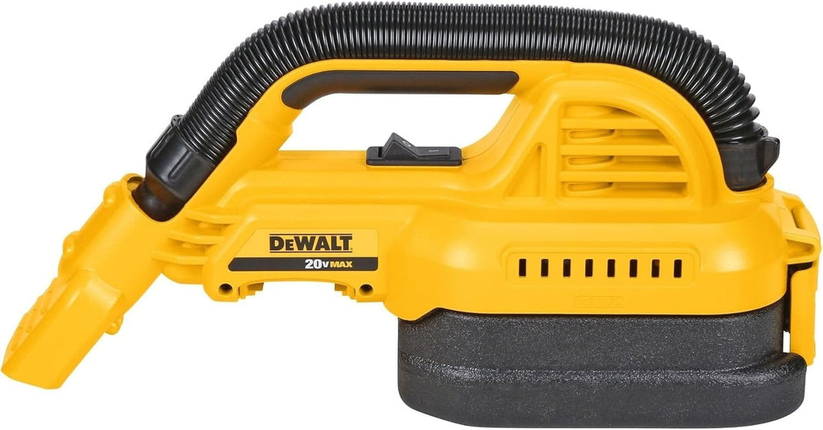 DEWALT 20V MAX handheld vacuum with detachable dust container and visible filter, shown with flexible hose and ergonomic handle for portability