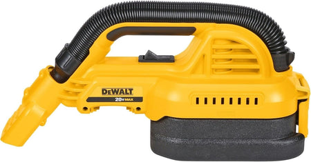 DEWALT 20V MAX handheld vacuum with detachable dust container and visible filter, shown with flexible hose and ergonomic handle for portability