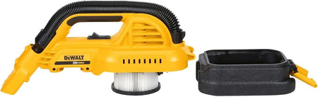 DEWALT 20V MAX handheld vacuum with detachable dust container and visible filter, shown with flexible hose and ergonomic handle for portability