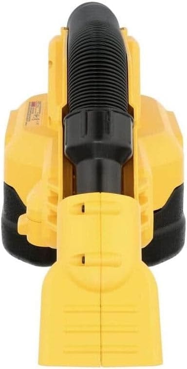 Front view of DEWALT handheld wet/dry vacuum showing flexible rubber hose and compact yellow casing designed for portable cleanup tasks.
