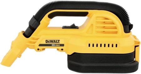 Side view of DEWALT 20V MAX cordless wet/dry vacuum with visible branding and hose attachment, highlighting its compact and portable design.