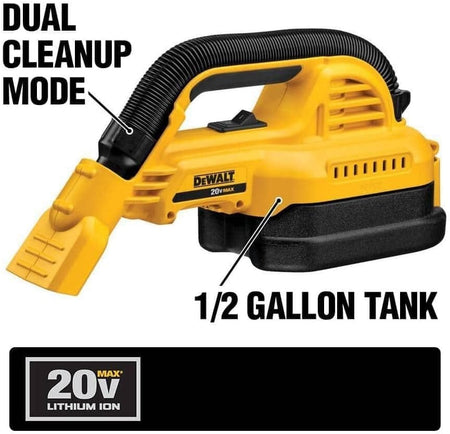 DEWALT vacuum with labeled features including dual cleanup mode and 1/2 gallon tank, emphasizing its 20V MAX lithium-ion power and versatility.