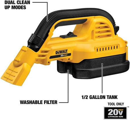 DEWALT 20V MAX handheld vacuum with labeled features: dual cleanup modes, washable filter, 1/2 gallon tank, and tool-only configuration