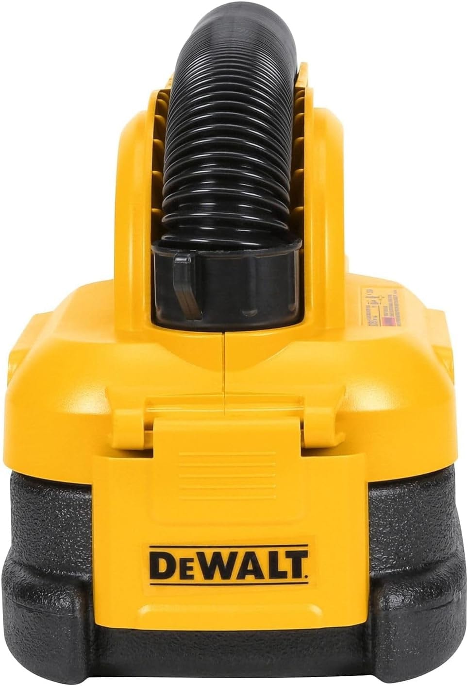 DEWALT 20V MAX handheld vacuum with detachable dust container and visible filter, shown with flexible hose and ergonomic handle for portability