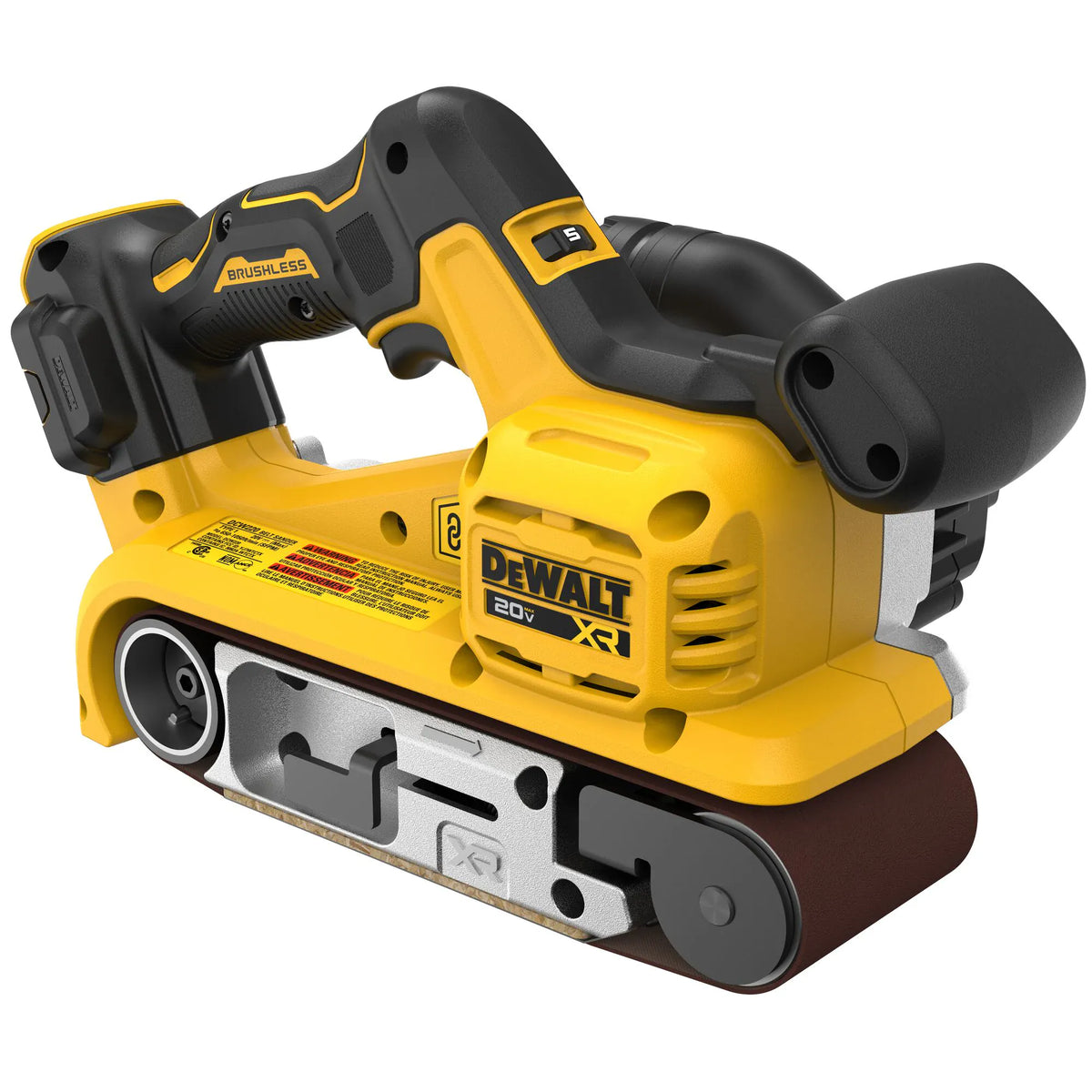 A high-resolution product shot of the DEWALT DCW222B 20V MAX XR belt sander. The image focuses on the rugged construction and the silver 3x21-inch platen, designed to provide a flat, stable surface for high-precision industrial sanding and smoothing.