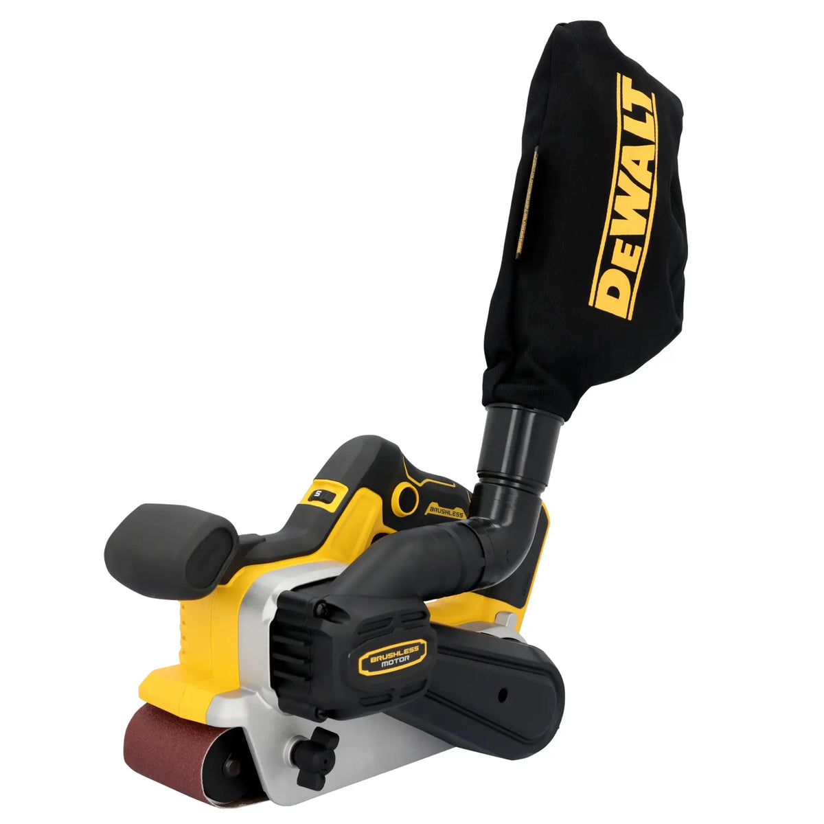 A perspective view of the DEWALT DCW222B cordless belt sander. This angle highlights the heavy-duty 3-inch by 21-inch sanding platen, the front auxiliary handle for two-handed control, and the rugged brushless motor housing designed for professional woodworking.