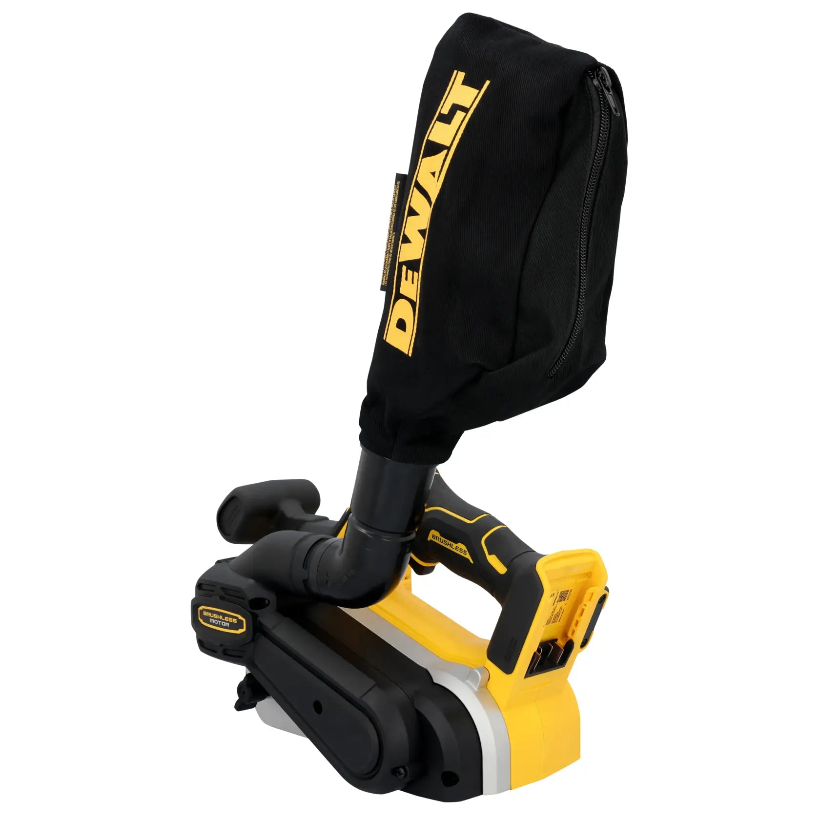 Rear perspective of the DEWALT 20V MAX XR belt sander showcasing the battery port. The image illustrates the ergonomic handle design and the placement of the dust collection bag, designed to provide a clear line of sight during aggressive sanding applications.