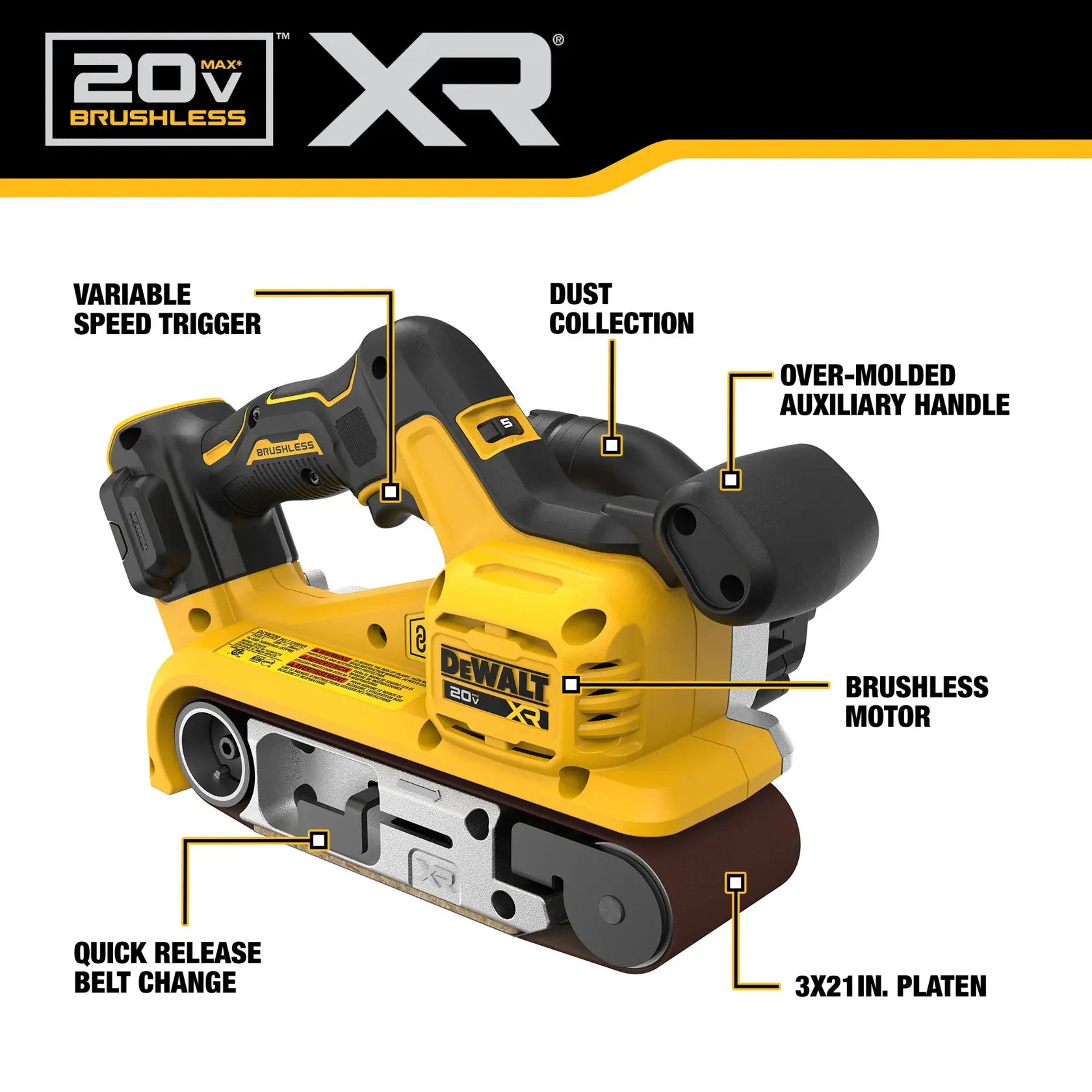 Technical infographic for the DEWALT DCW222B belt sander labeling key components. Features identified include the variable speed trigger, 25-speed selection dial, AirLock dust collection port, over-molded auxiliary handle, high-torque brushless motor, quick-release belt change lever, and the 3x21-inch platen.