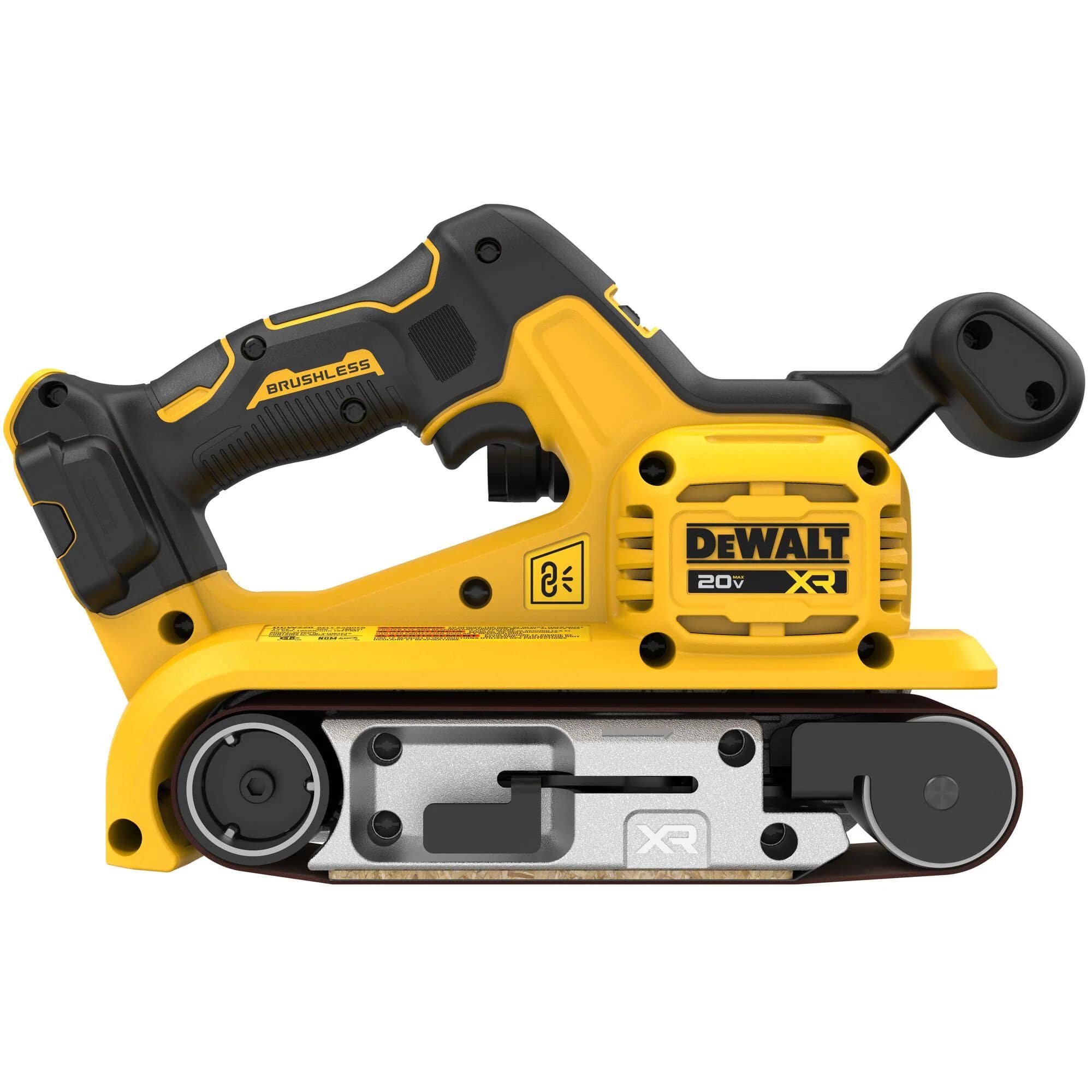 Direct side view of the DEWALT 20V MAX XR brushless belt sander. The image highlights the professional metal quick-release lever for tool-free sanding belt changes and the Wireless Tool Control icon, indicating compatibility with synchronized dust extraction systems.