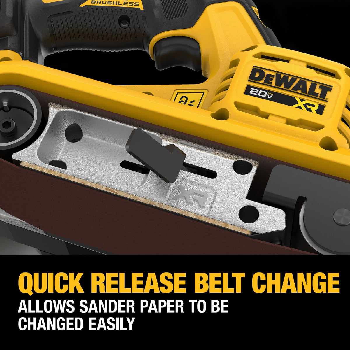 Close-up infographic of the quick-release belt change mechanism. The image shows the heavy-duty metal tension lever in the open position, with text explaining that this feature allows the 3x21-inch sanding paper to be changed easily without additional tools.