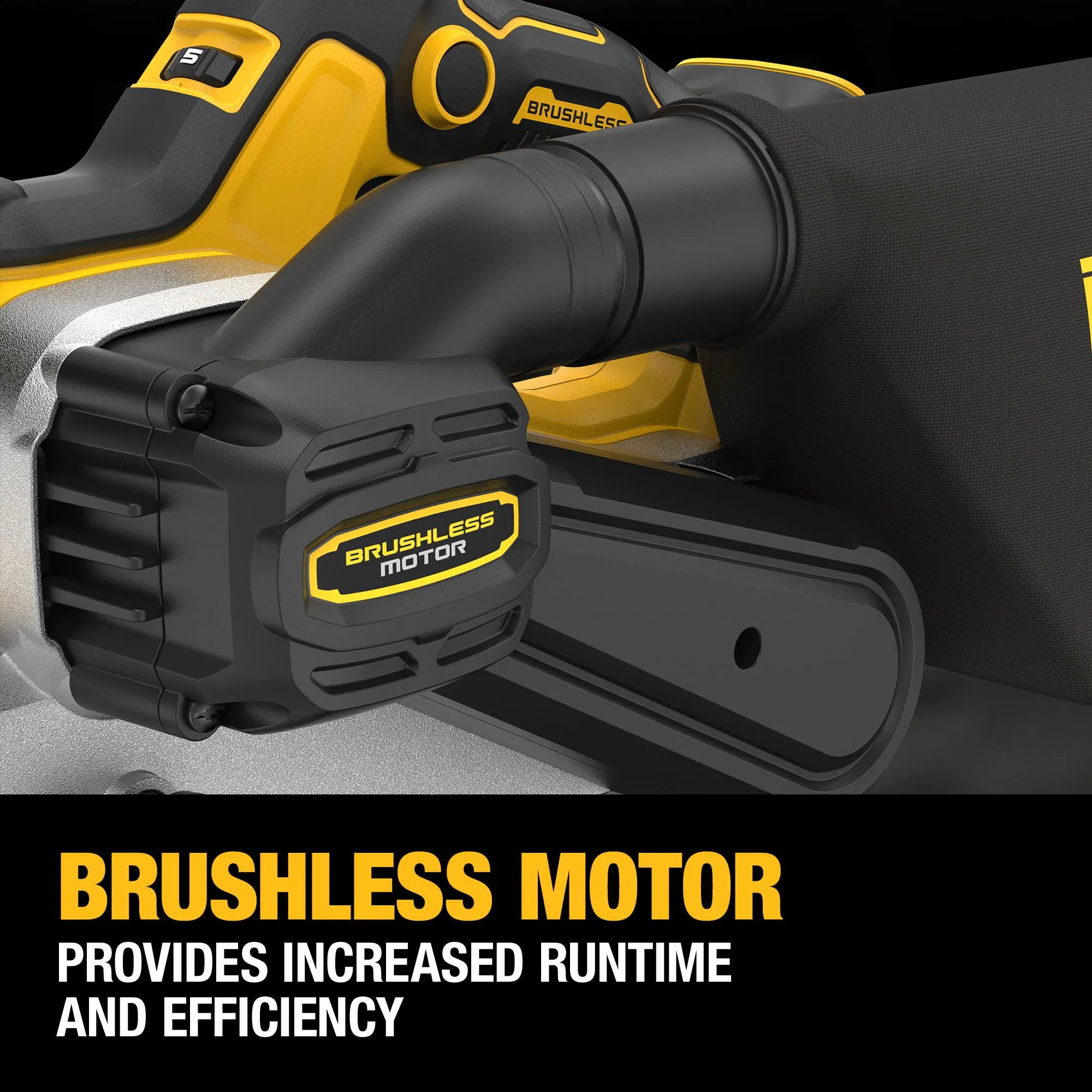 Detailed view of the high-performance brushless motor housing on the DEWALT belt sander. The graphic text confirms that the brushless motor provides increased runtime and efficiency, essential for demanding professional carpentry and floor sanding jobs.