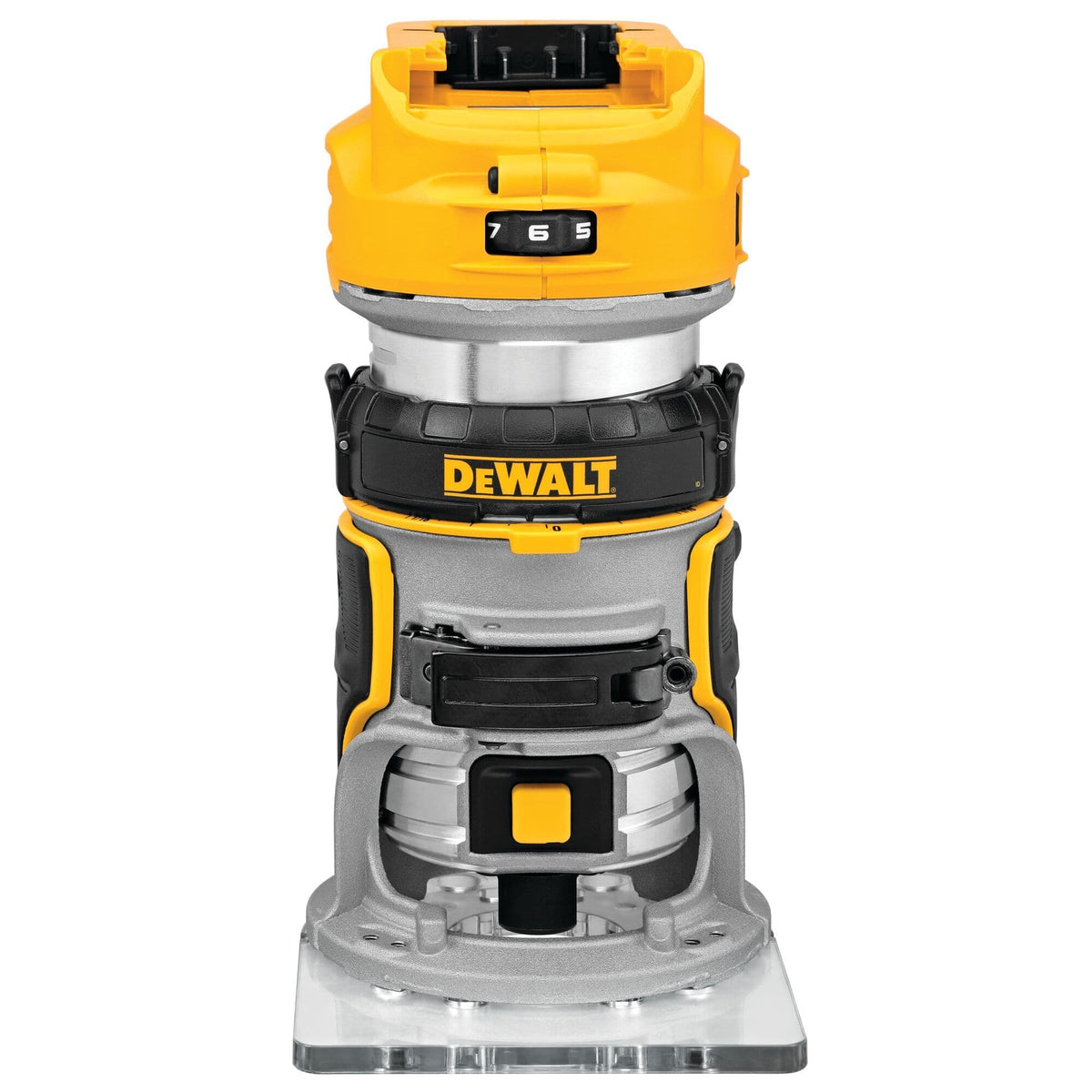 A direct front studio view of the DEWALT DCW600B 20V MAX XR brushless cordless 1/4-inch compact router bare tool on a white background, showing its yellow motor housing, indexed variable speed dial, black depth adjustment ring, and clear fixed base platform.