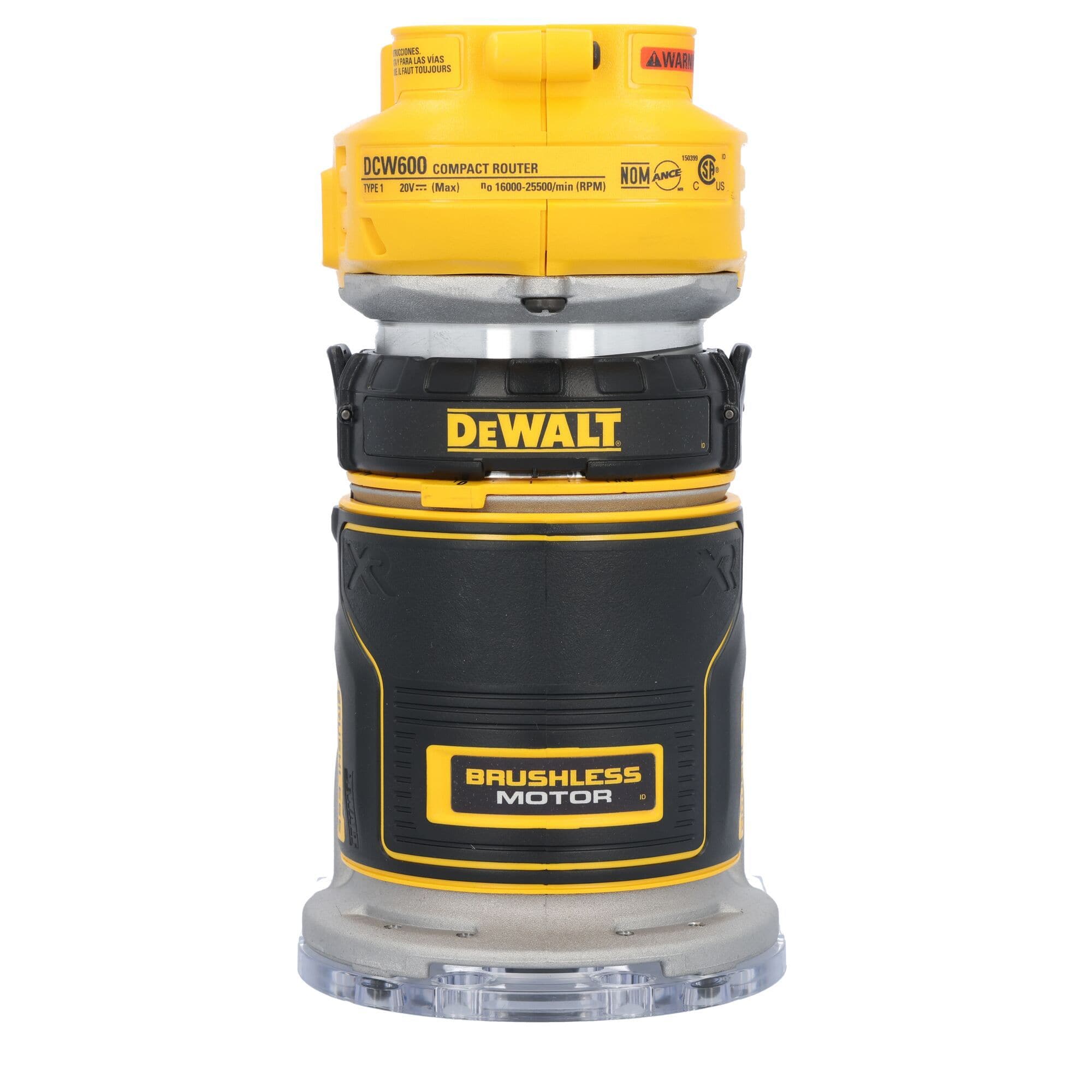 A direct back profile studio view of the cordless woodworking router assembly, showcasing the symmetrical composite construction and the bold yellow and black label detailing the internal brushless motor technology.