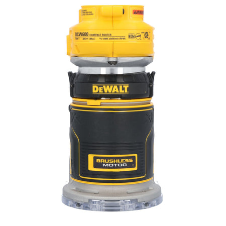 A direct back profile studio view of the cordless woodworking router assembly, showcasing the symmetrical composite construction and the bold yellow and black label detailing the internal brushless motor technology.
