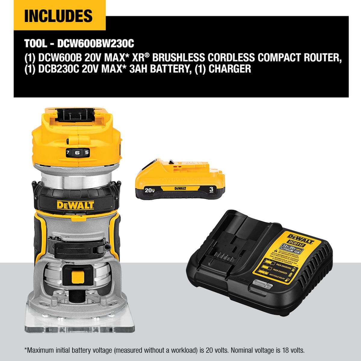 A product marketing kit compilation sheet detailing retail inclusions over a white background, displaying a front shot of the compact router alongside standalone images for a 20V MAX 3.0 Ah battery pack and a multi-voltage fast charger base station.
