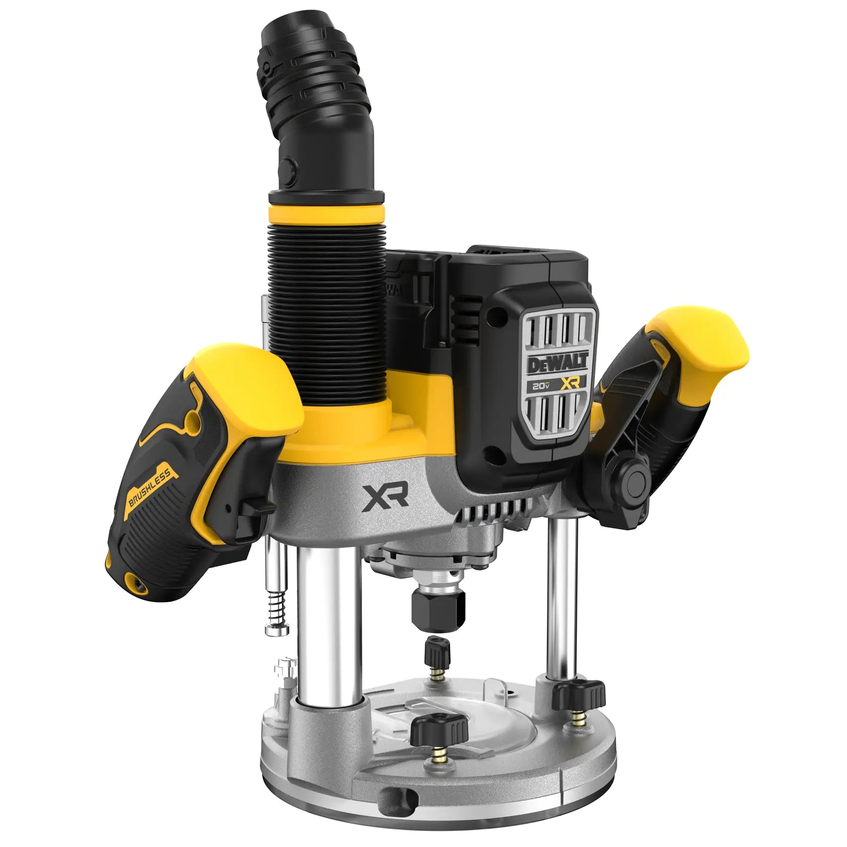 Angled front view of the DEWALT DCW620B 20V MAX XR brushless cordless 2-1/4 peak HP plunge router, featuring integrated dust collection with Airlock compatibility and ergonomic handles for heavy-duty woodworking.