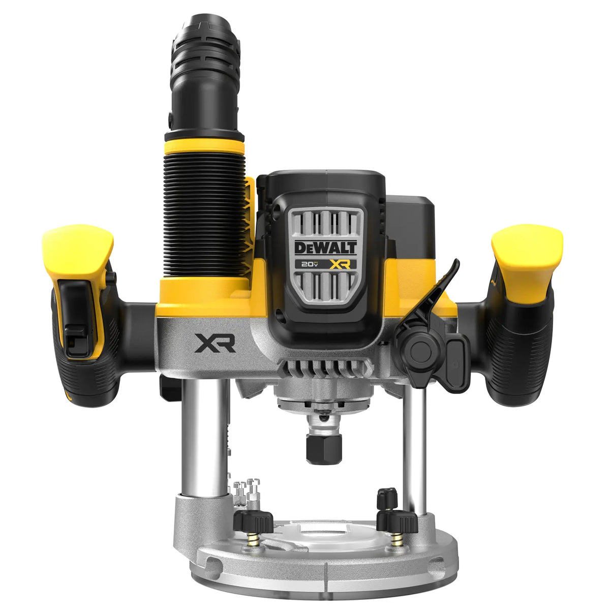 Straight-on front view of the DEWALT 20V MAX XR cordless plunge router bare tool, highlighting the clear sub-base and professional 2-1/4 HP brushless motor designed for cabinetry and furniture making.