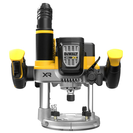 Straight-on front view of the DEWALT 20V MAX XR cordless plunge router bare tool, highlighting the clear sub-base and professional 2-1/4 HP brushless motor designed for cabinetry and furniture making.