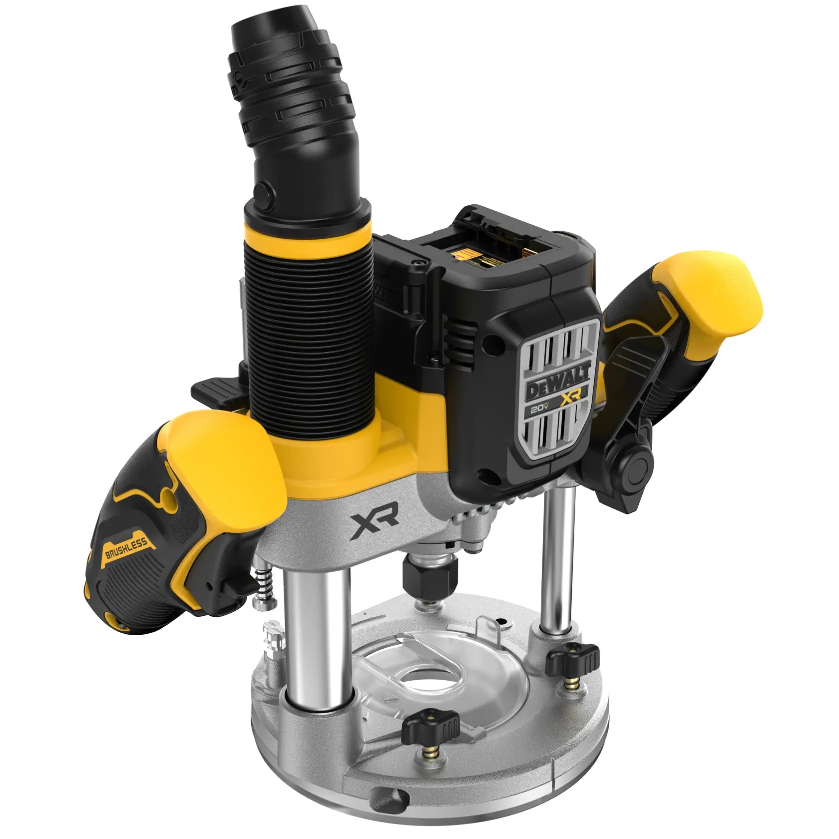 Angled rear view of the DEWALT DCW620B cordless plunge router, showcasing the battery port and the compact, balanced design engineered for precise control during aggressive plunge cuts.
