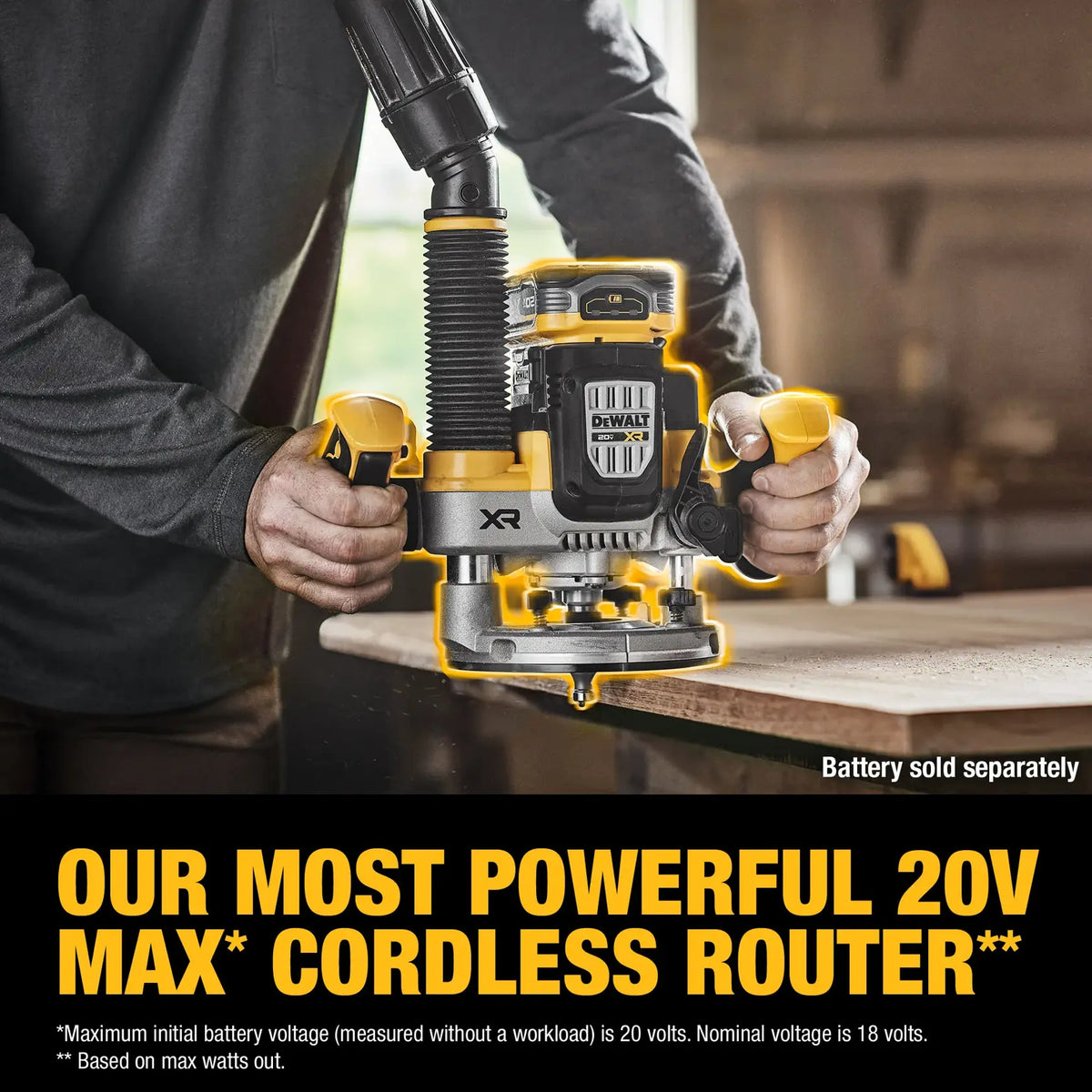Woodworker using the DEWALT DCW620B cordless router on a large tabletop, with an overlay emphasizing it as the most powerful 20V MAX cordless router for professional woodworking applications.