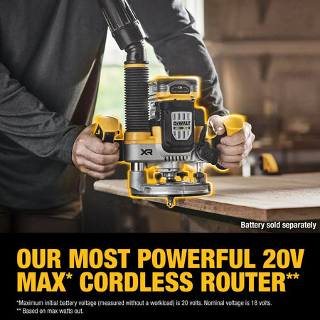 Woodworker using the DEWALT DCW620B cordless router on a large tabletop, with an overlay emphasizing it as the most powerful 20V MAX cordless router for professional woodworking applications.
