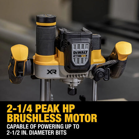 Close-up graphic of the DEWALT 2-1/4 peak HP brushless motor housing, stating its capability to power large router bits up to 2-1/2 inches in diameter for versatile cabinetry work.