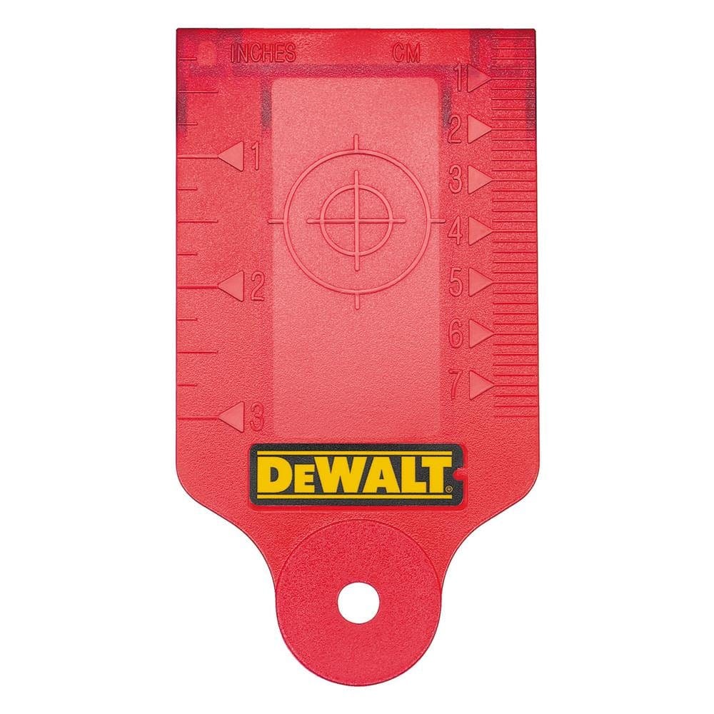 DEWALT DW0730 red laser target card featuring a magnetic base for hands-free attachment to steel studs and ceiling grids with integrated inch and centimeter measurement scales for precise laser alignment.